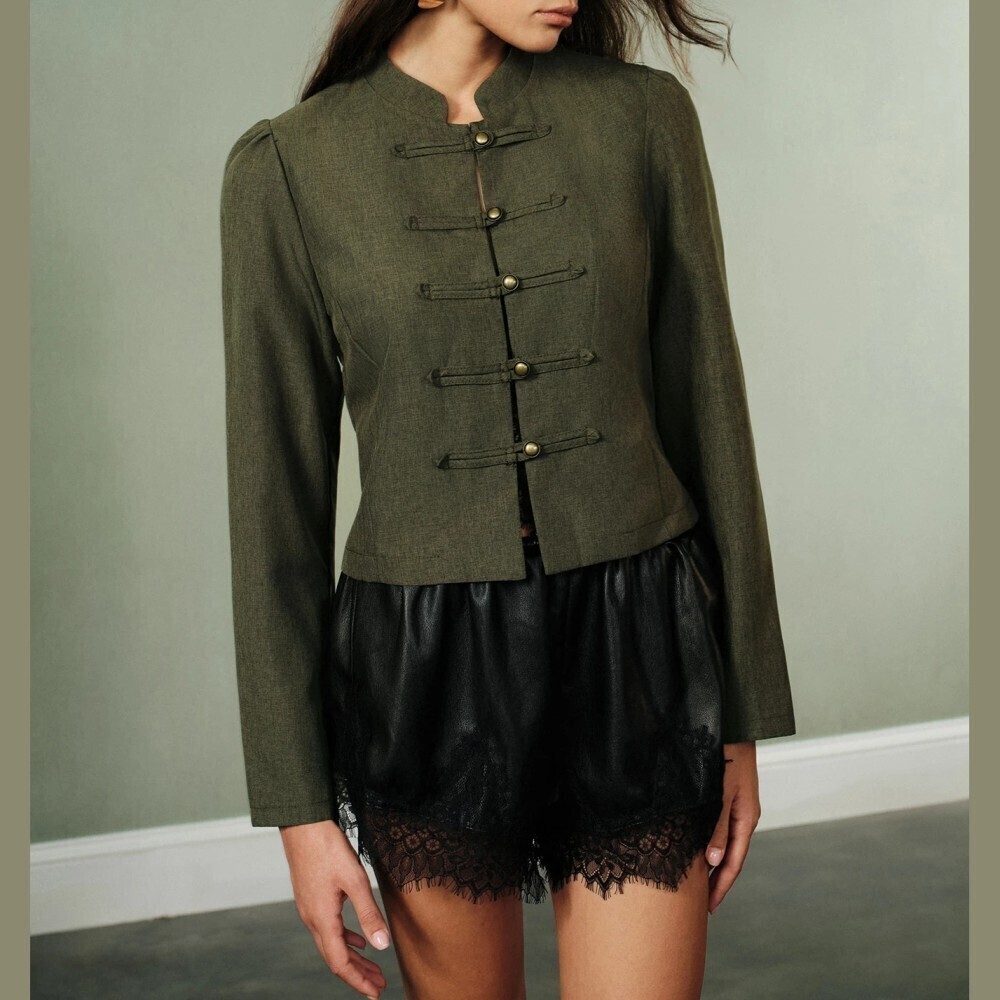 Olive Green Military Style Cropped Blazer Jacket with Braided Trim Buttons